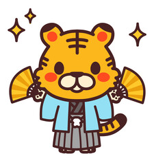 両手に扇を持った虎のかわいいキャラクター　着物　イラスト