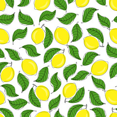 Botanical illustration: bright lemons with green leaves on a white background. Seamless pattern with lemons and leaves. Vector image. For kitchen textiles, backgrounds, and packaging products.