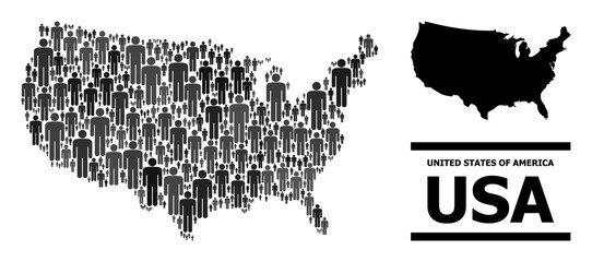 Map of USA for politics doctrines. Vector nation abstraction. Abstraction map of USA combined of social items. Demographic scheme in dark gray color tones.