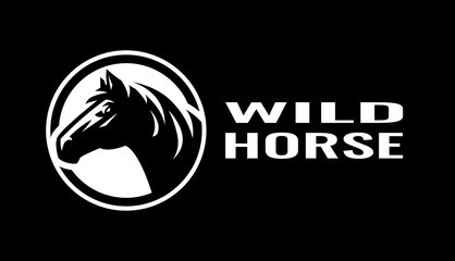 Wild horse. Black white logo on a dark background. Vector illustration.