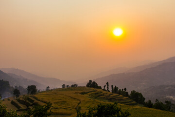 Sunset in the Himalayas in Nepal