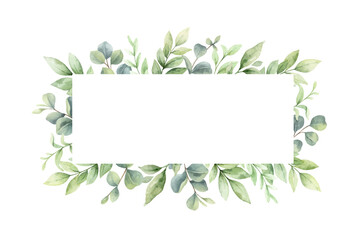 Watercolor vector wreath of green branches and leaves.