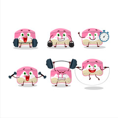 A healthy strawberry cake cartoon style trying some tools on Fitness center