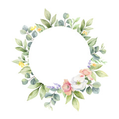 Watercolor vector wreath of with wildflower flowers isolated on a white background.