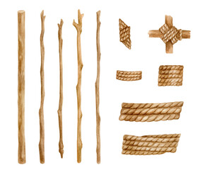 Watercolor ropes and wood branches set. Hand drawn jute spiral cord with bare tree trunks illustration. Natural burlap rope and wooden twigs isolated on white. Nautical elements, rustic decoration