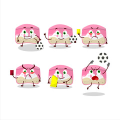 Fototapeta premium Strawberry cake cartoon character working as a Football referee