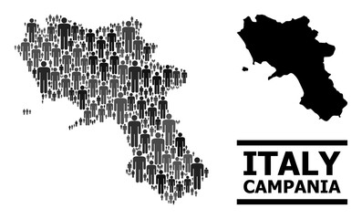 Map of Campania region for social applications. Vector demographics abstraction. Concept map of Campania region made of social items. Demographic concept in dark gray color variations.