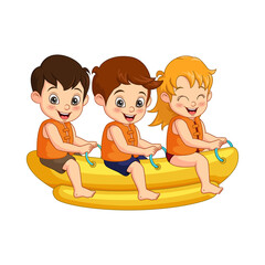 Group of cartoon happy children ride on a banana boat
