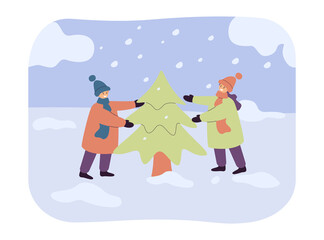 Children standing around Christmas tree. Happy boy and girl in warm clothes in winter flat vector illustration. Christmas, holiday, winter concept for banner, website design or landing web page