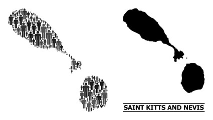 Map of Saint Kitts and Nevis for demographics promotion. Vector demographics mosaic. Composition map of Saint Kitts and Nevis done of man icons. Demographic concept in dark grey color tinges.