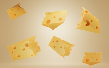Falling pieces of Swiss, Dutch or Italian hard cheese. Triangular lump block of cheese Cheddar with holes. Advertising and promotion of natural farm dairy product, 3d illustration on yellow background