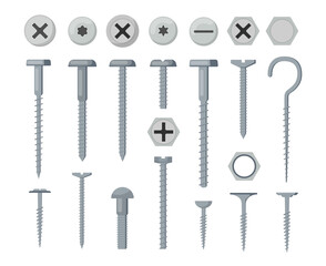 Various silver bolts and screws flat vector illustration set. Cartoon illustration collection of washers, rivets, nuts, tools, nails isolated on white background. Hardware concept.