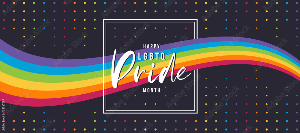 Poster happy lgbtq pride month text in frame and rainbow pride flag wave on colorful circle dot textue back