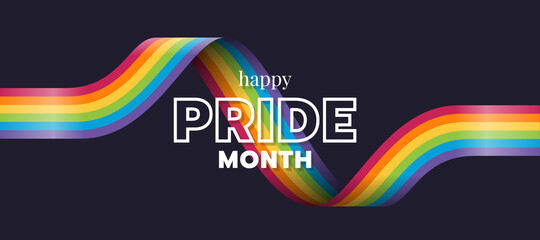 Happy Pride month text and rainbow pride ribbon roll wave on dark background vector design - 438367242