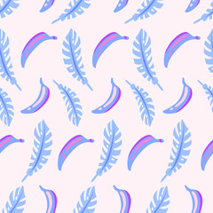 Vector seamless pattern of blue bananas and leaves on a pastel pink background. Tropical pattern.