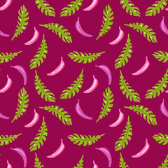 Vector pattern of pink bananas and green leaves on a dark red background.