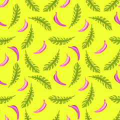 Vector pattern of pink bananas and green leaves on a yellow background.