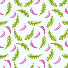 Vector pattern of pink bananas and green leaves on a blue background.
