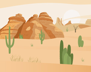 Desert Landscape With Сactus And Sand Rocks. Flat Vector Illustration.