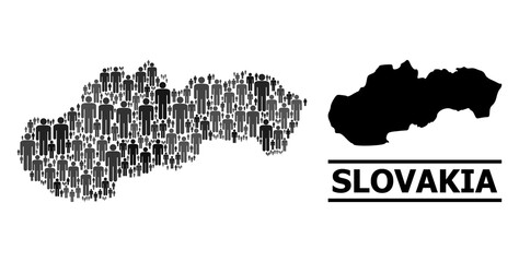 Map of Slovakia for political doctrines. Vector nation collage. Concept map of Slovakia composed of population elements. Demographic concept in dark gray color hues.