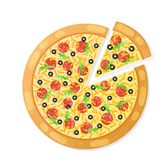 Pizza and slice with cheese, pepperoni, olives, greens, arugula with barbecue sauce isolated on white. Vector illustration for postcard greeting card, banner, advertising, menu, articles.
