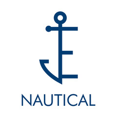 Obraz premium Logotipo con ancla de barco con forma de letra inicial E y texto Nautical en color azul