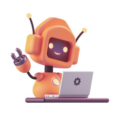 Friendly positive cute cartoon orange robot with smiling face waving its hand. Chatbot greets. Customer support service chat bot, assistant, online consultant. 3d render isolated on white backdrop