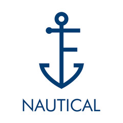 Logotipo con ancla de barco con forma de letra inicial F y texto Nautical en color azul
