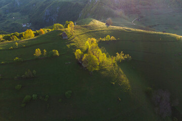 Beautiful spring landscape between the green hills of Transylvania, at Dumesti