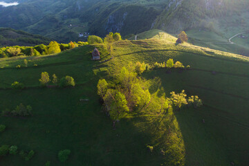 Beautiful spring landscape between the green hills of Transylvania, at Dumesti
