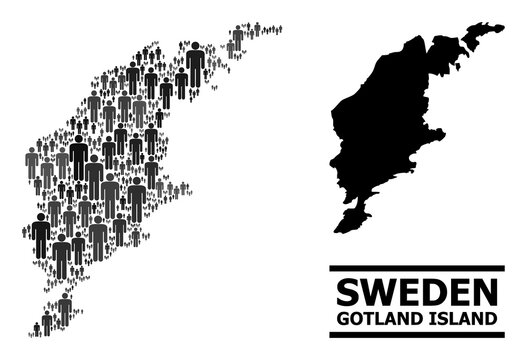 Map of Gotland Island for national projects. Vector nation mosaic. Mosaic map of Gotland Island created of man elements. Demographic scheme in dark grey color tinges.
