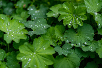 ozdobne zielone liście z kroplami wody po deszczu  - obrazy, fototapety, plakaty