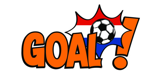 Goal. Flat vector black grunge soccer ball with the flag of the Netherlands. Grungy football. Cartoon, comic sport EK, WK pictogram Sports game cup. Holland 2020, 2021