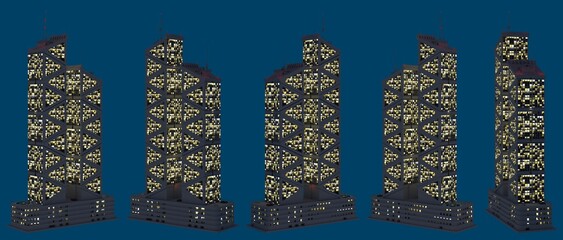 3d illustration of architecture - various fictional buildings at dark time with lights turned on - isolated on blue, side view