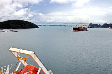 Various panoramic views of the port, roadstead, and coastline of the Halong bay, Port of Campha,...