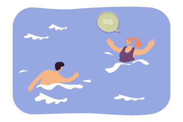 Lifeguard swimming towards drowning woman. Female character calling for help in sea or ocean flat vector illustration. Accident, emergency concept for banner, website design or landing web page