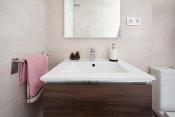 Front image of small bathroom with countertop, towel rack, mirror and toilet