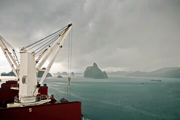 Various panoramic views of the port, roadstead, and coastline of the Halong bay, Port of Campha,...