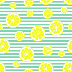 Lemon seamless pattern. Yellow citrus on strips. Summer background. Vector illustration