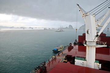 Various panoramic views of the port, roadstead, and coastline of the Halong bay, Port of Campha,...