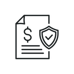 Financial insurance line icon. Dollar currency sign on paper with shield isolated. Vector illustration