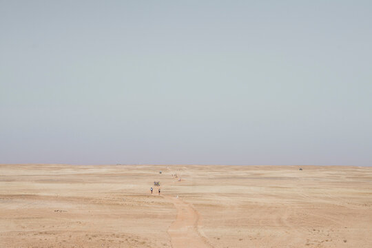 Crop athletes running in desert