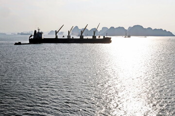 Various panoramic views of the port, roadstead, and coastline of the Halong bay, Port of Campha,...