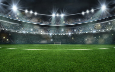 textured soccer game field with neon fog - center, midfield, 3D Illustration