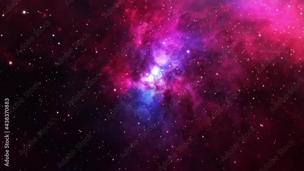 Poster seamless loop galaxy exploration through outer space towards glowing blue purple galaxy. 4k loop ani