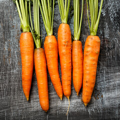 Young fresh organic farmer carrots on rustic background, top view