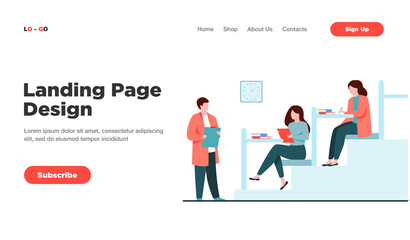 College students sitting at desks in classroom and listening to teacher. Vector illustration for higher education, university, classroom concept