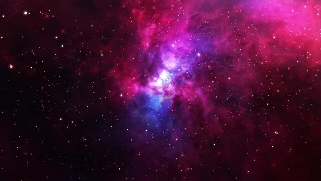 Seamless loop galaxy exploration through outer space towards glowing blue purple galaxy. 4K loop animation of flying through colorful nebulae, clouds and stars field. Elements furnished by NASA image
