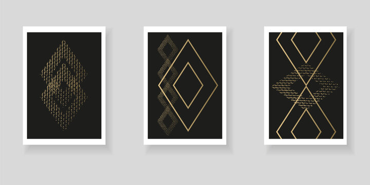 Set of minimalistic elegant wall decor posters. Luxurious dark background with abstract golden geometric elements. Creative templates for weddings, invitations, birthday, parties, cards, posters
