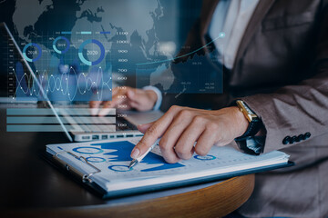 Concept of digital diagram, graph interfaces, virtual screen,connections icon, team doing business meeting working with startup project in modern office.